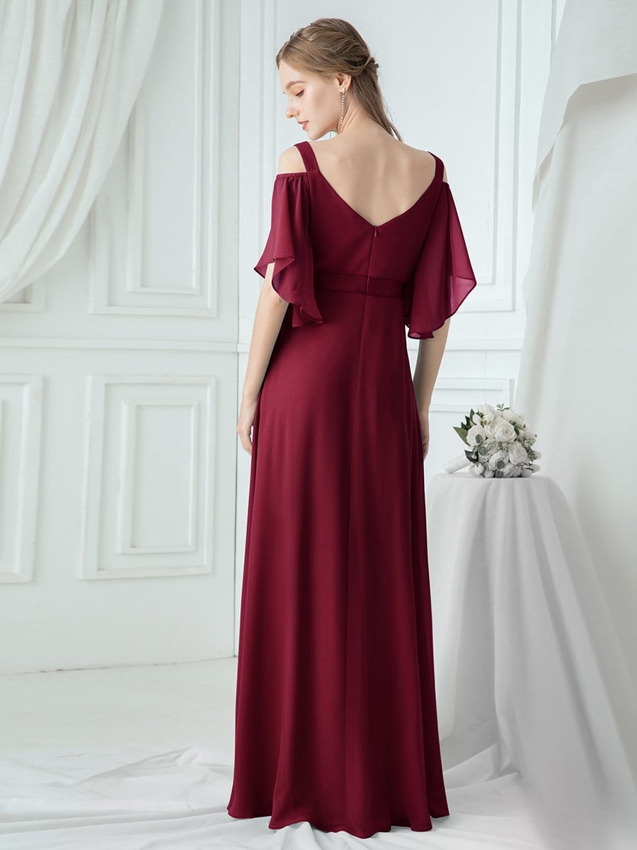 Color=Burgundy | Women'S Off Shoulder Floor Length Bridesmaid Dress With Ruffle Sleeves-Burgundy 2