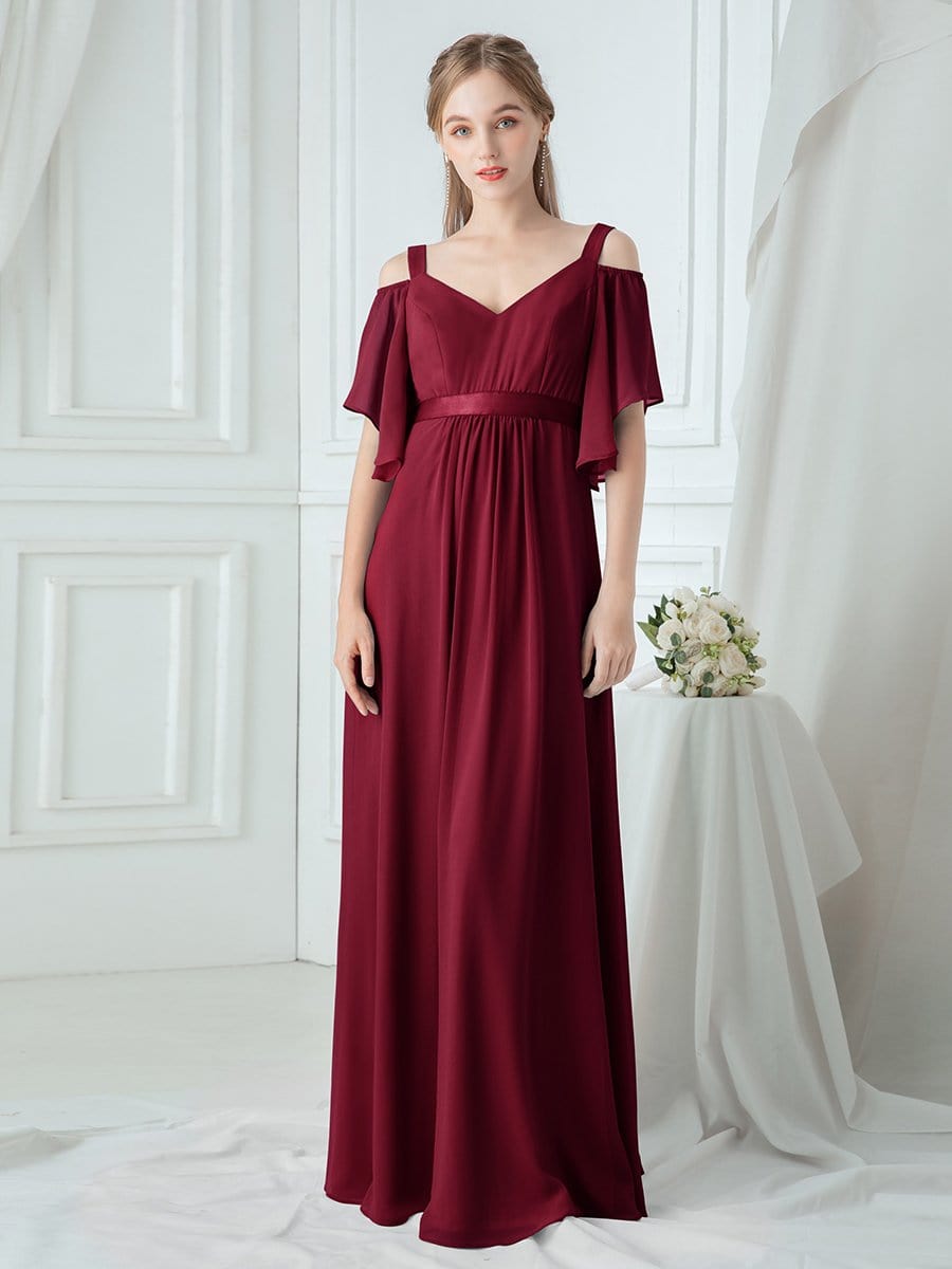 Color=Burgundy | Women'S Off Shoulder Floor Length Bridesmaid Dress With Ruffle Sleeves-Burgundy 1