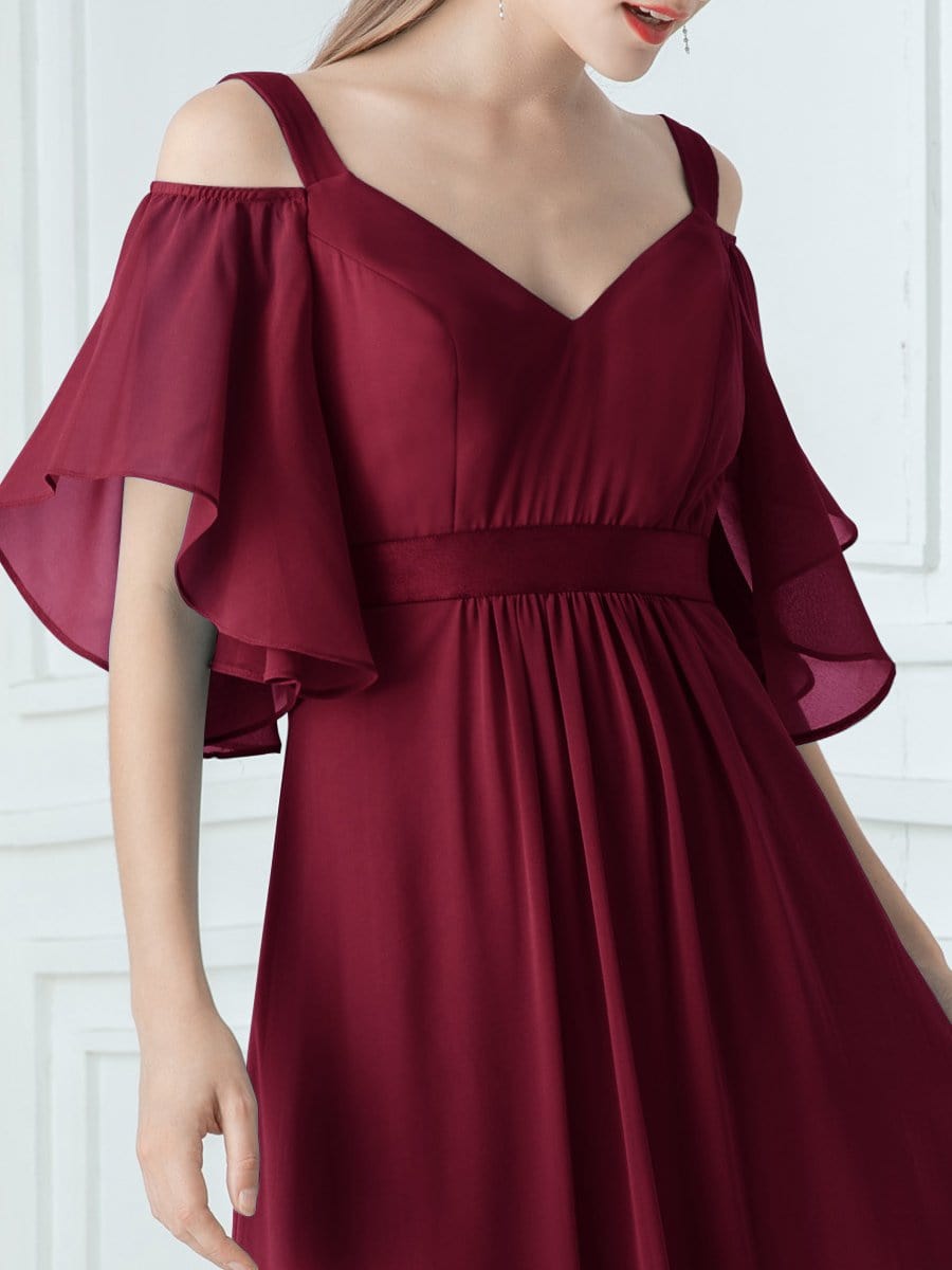Color=Burgundy | Women'S Off Shoulder Floor Length Bridesmaid Dress With Ruffle Sleeves-Burgundy 3