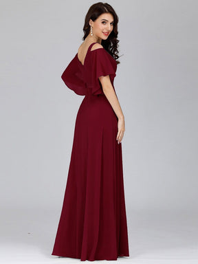 Color=Burgundy | Women'S Off Shoulder Floor Length Bridesmaid Dress With Ruffle Sleeves-Burgundy 5