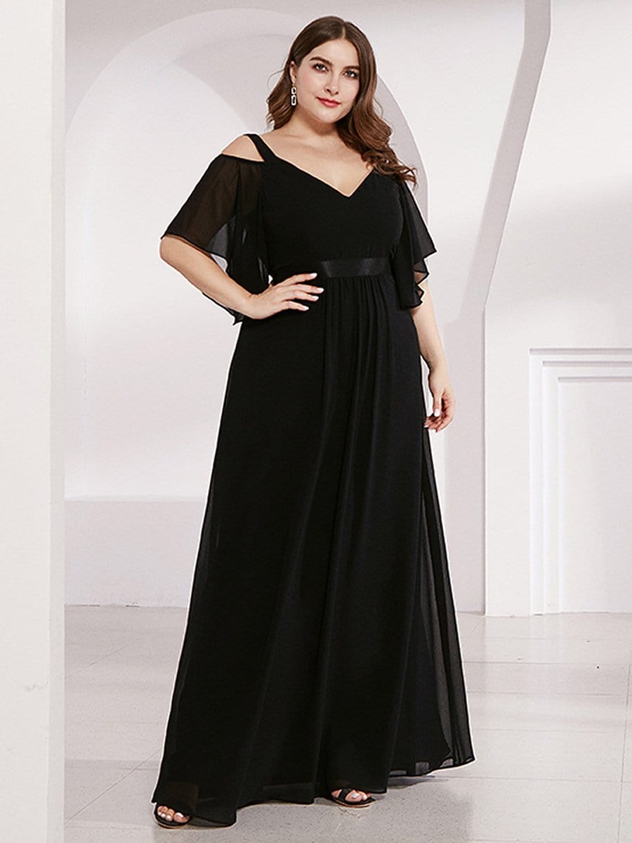 Color=Black | Women'S Off Shoulder Floor Length Bridesmaid Dress With Ruffle Sleeves-Black 4