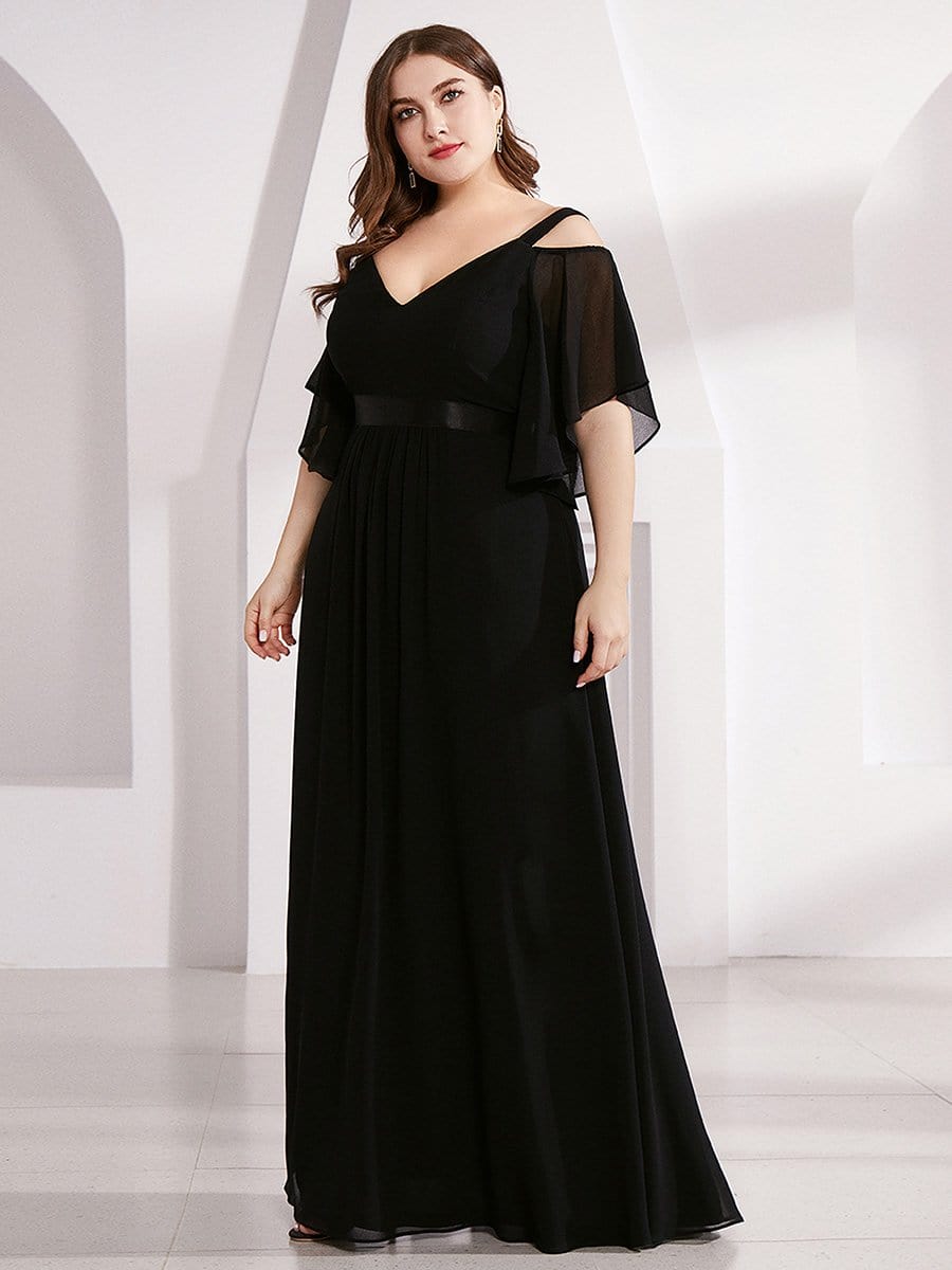 Color=Black | Women'S Off Shoulder Floor Length Bridesmaid Dress With Ruffle Sleeves-Black 4