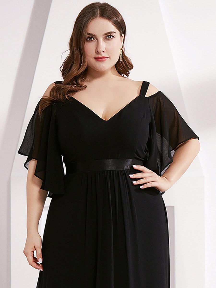 Color=Black | Women'S Off Shoulder Floor Length Bridesmaid Dress With Ruffle Sleeves-Black 3