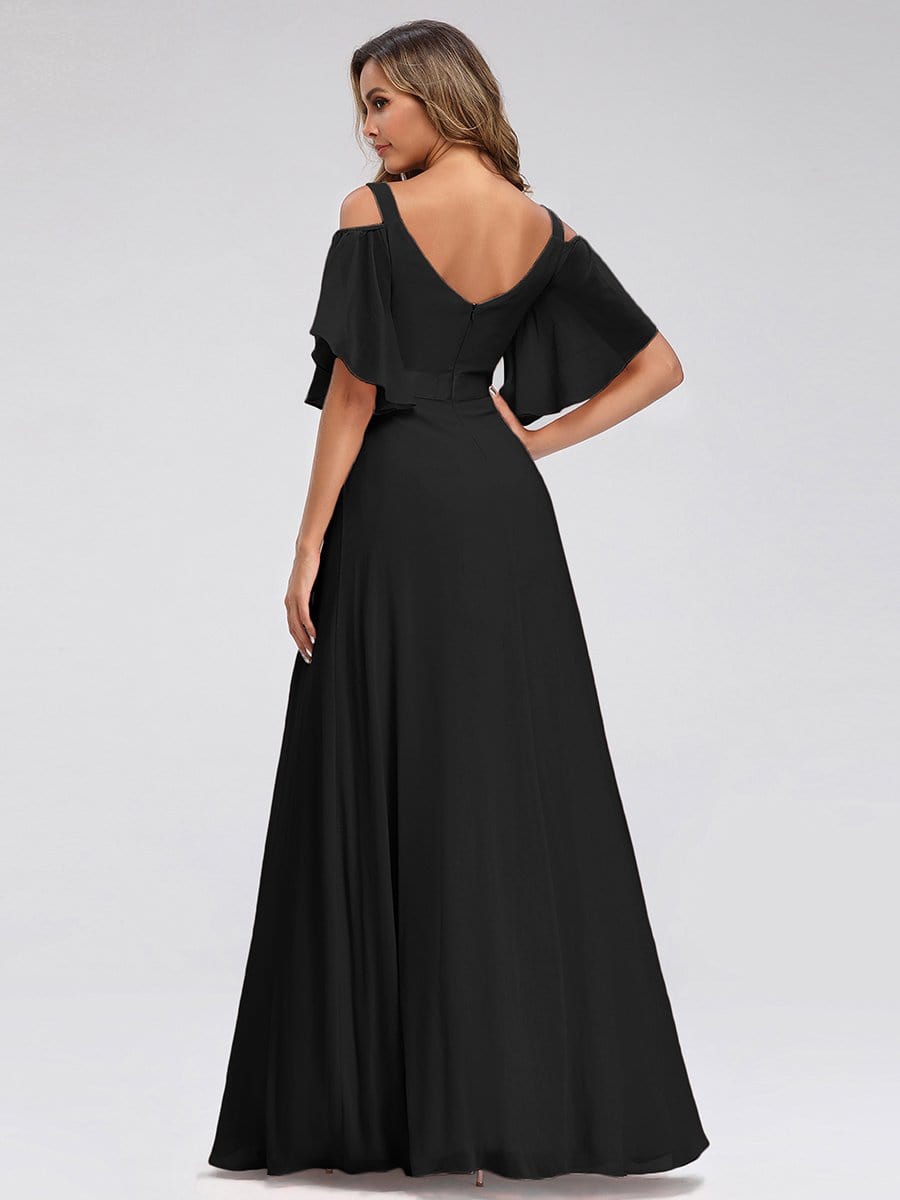 Color=Black | Women'S Off Shoulder Floor Length Bridesmaid Dress With Ruffle Sleeves-Black 2
