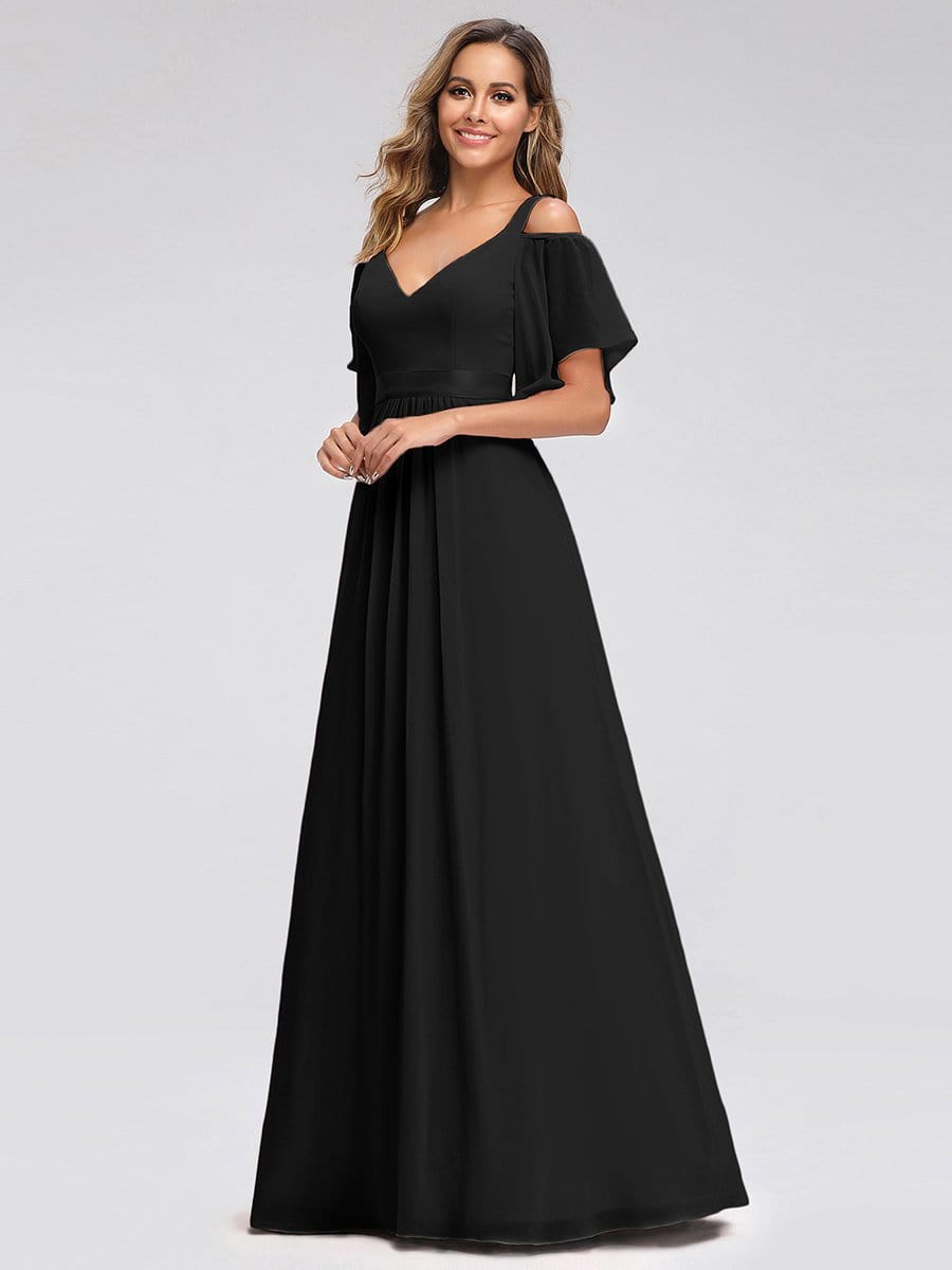 Color=Black | Women'S Off Shoulder Floor Length Bridesmaid Dress With Ruffle Sleeves-Black 1