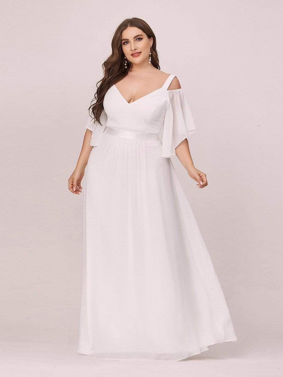 Color=Cream | Women'S Off Shoulder Floor Length Bridesmaid Dress With Ruffle Sleeves-Cream 4