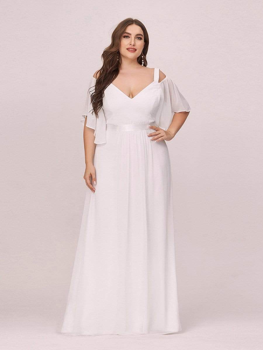Color=Cream | Women'S Off Shoulder Floor Length Bridesmaid Dress With Ruffle Sleeves-Cream 1