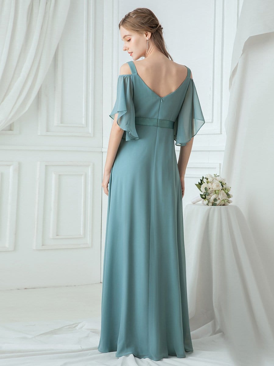 Color=Dusty Blue | Women'S Off Shoulder Floor Length Bridesmaid Dress With Ruffle Sleeves-Dusty Blue 2