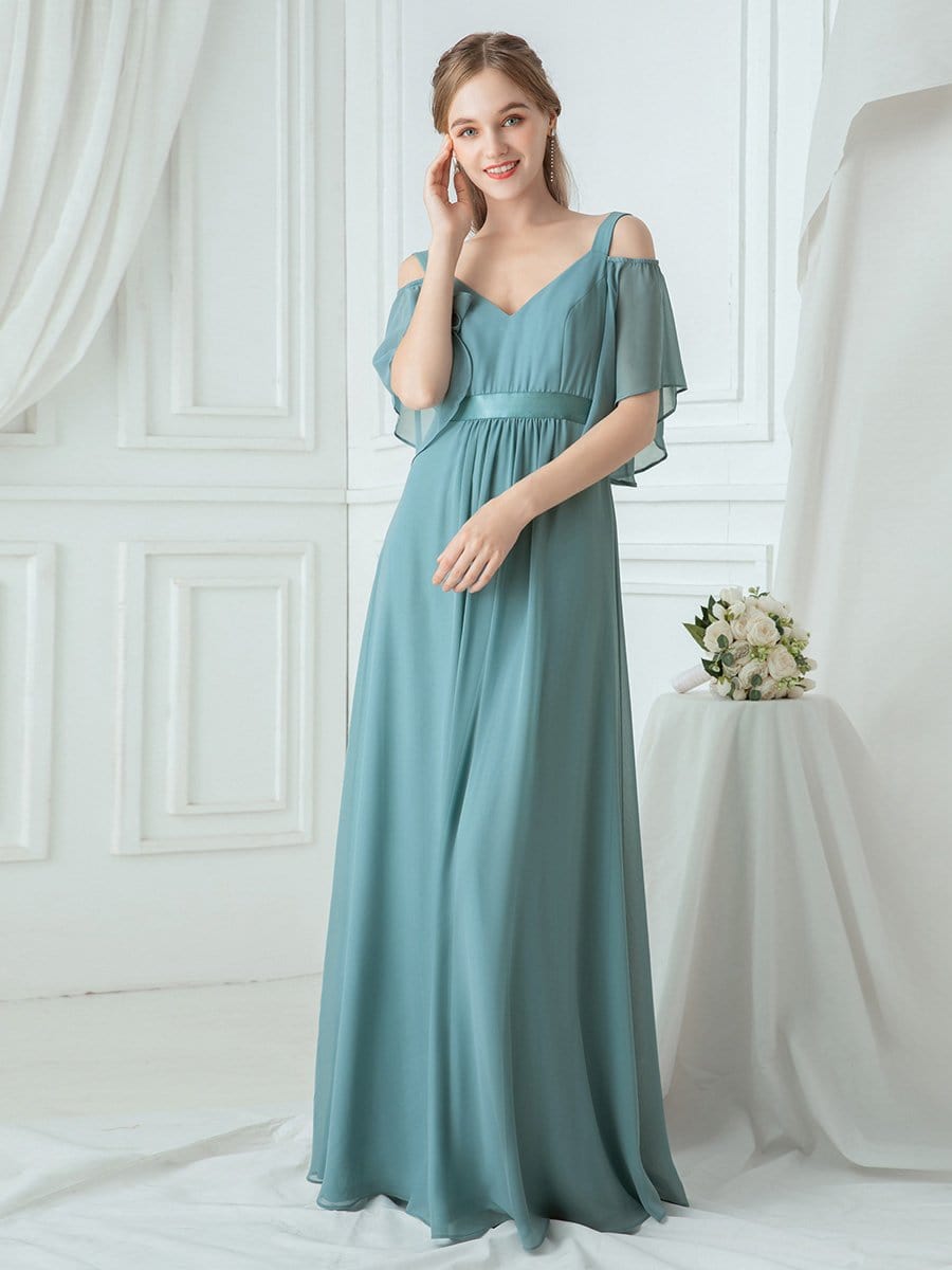 Color=Dusty Blue | Women'S Off Shoulder Floor Length Bridesmaid Dress With Ruffle Sleeves-Dusty Blue 1