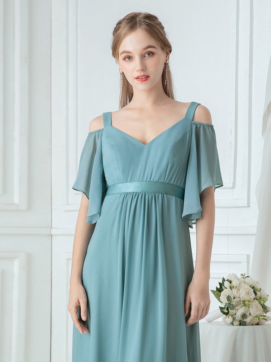 Color=Dusty Blue | Women'S Off Shoulder Floor Length Bridesmaid Dress With Ruffle Sleeves-Dusty Blue 3