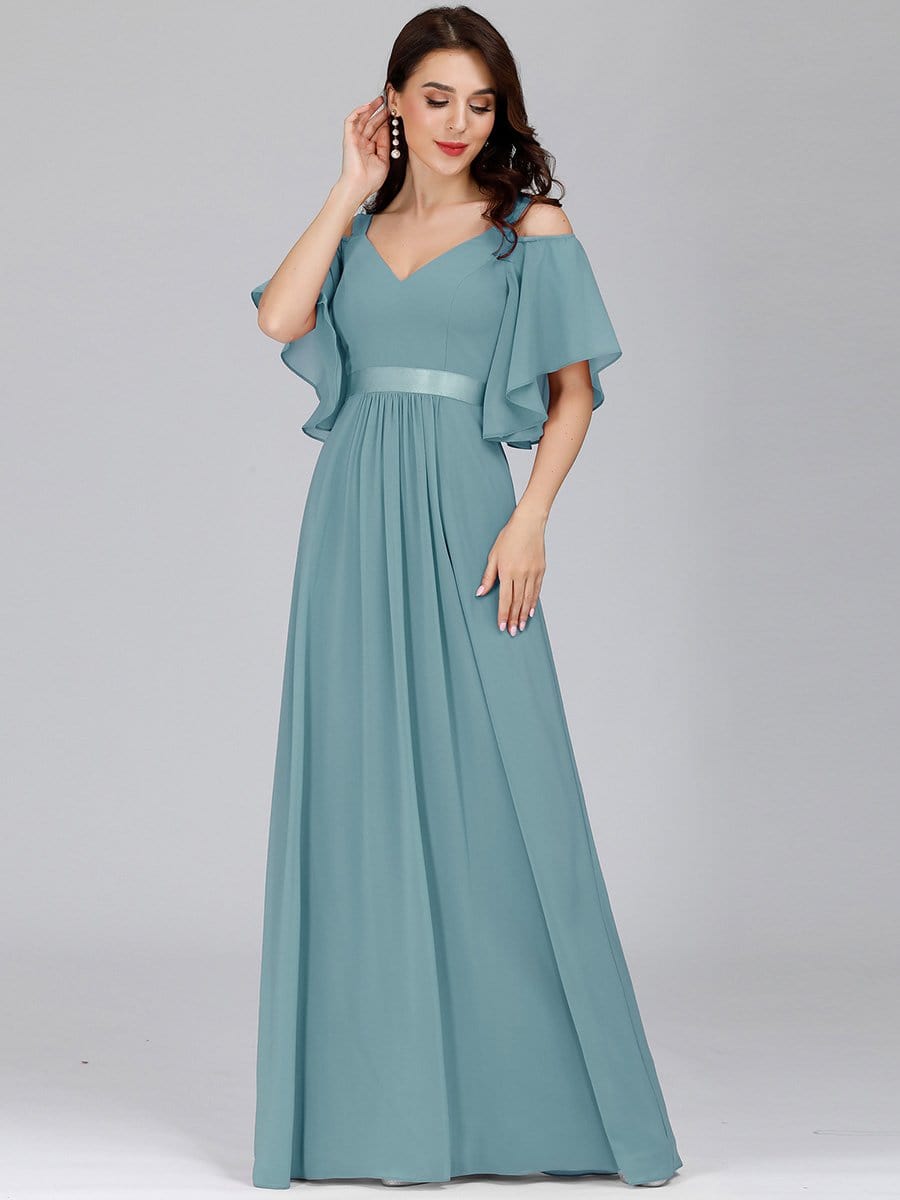 Color=Dusty Blue | Women'S Off Shoulder Floor Length Bridesmaid Dress With Ruffle Sleeves-Dusty Blue 4