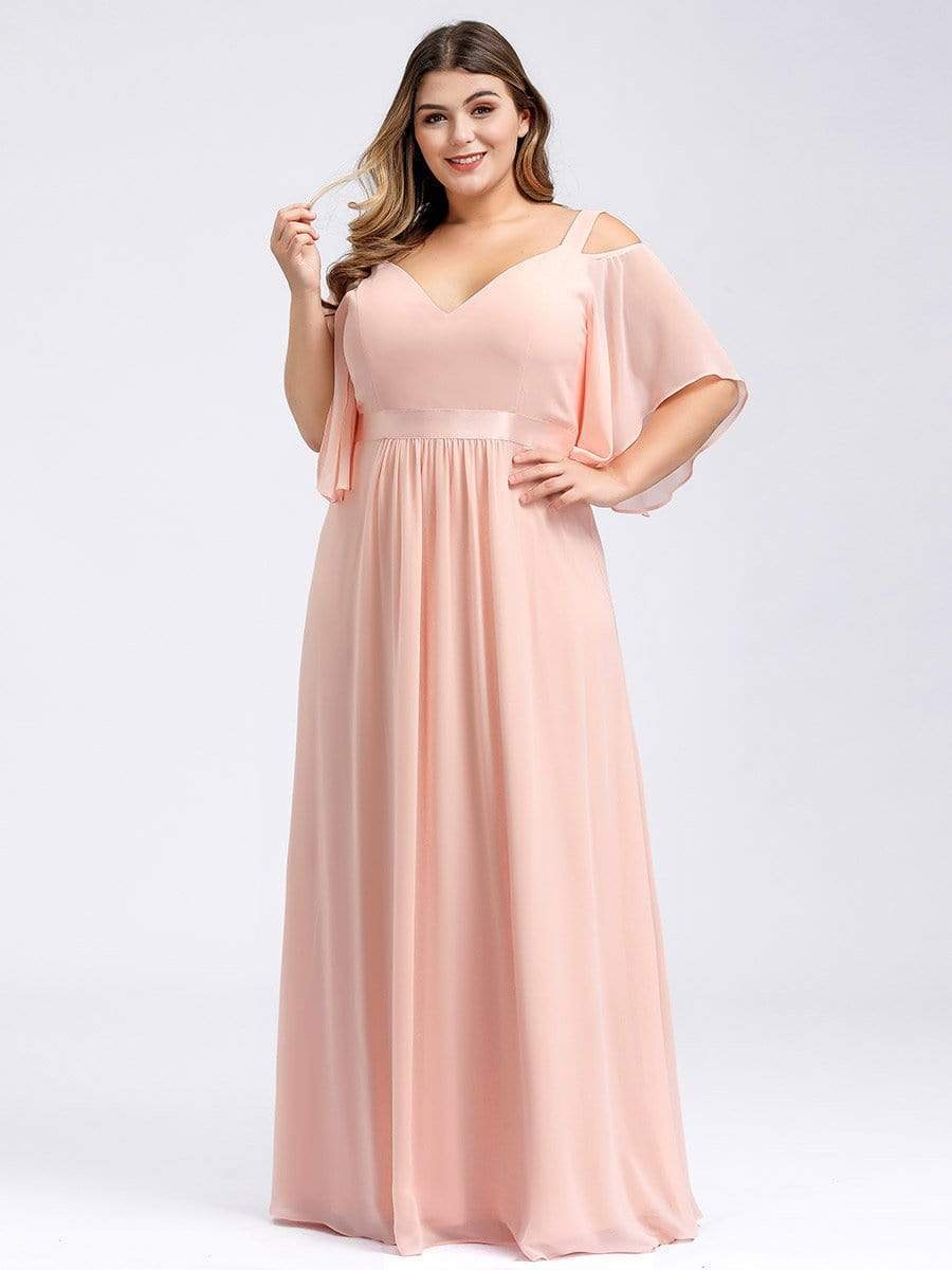 Color=Pink | Plus Size Women'S Off Shoulder Floor Length Bridesmaid Dress With Ruffle Sleeves-Pink 1