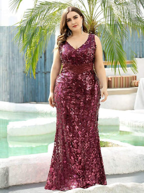 COLOR=Burgundy | Plus Size Maxi Long V Neck Mermaid Sequin Prom Dresses for Women-Burgundy 4