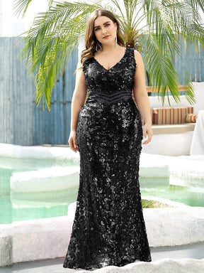 COLOR=Black | Plus Size Maxi Long V Neck Mermaid Sequin Prom Dresses for Women-Black 3