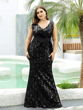 COLOR=Black | Plus Size Maxi Long V Neck Mermaid Sequin Prom Dresses for Women-Black 4