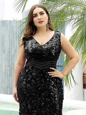COLOR=Black | Plus Size Maxi Long V Neck Mermaid Sequin Prom Dresses for Women-Black 5