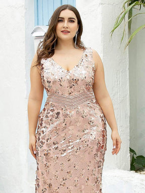 COLOR=Rose Gold | Plus Size Maxi Long V Neck Mermaid Sequin Prom Dresses for Women-Rose Gold 5