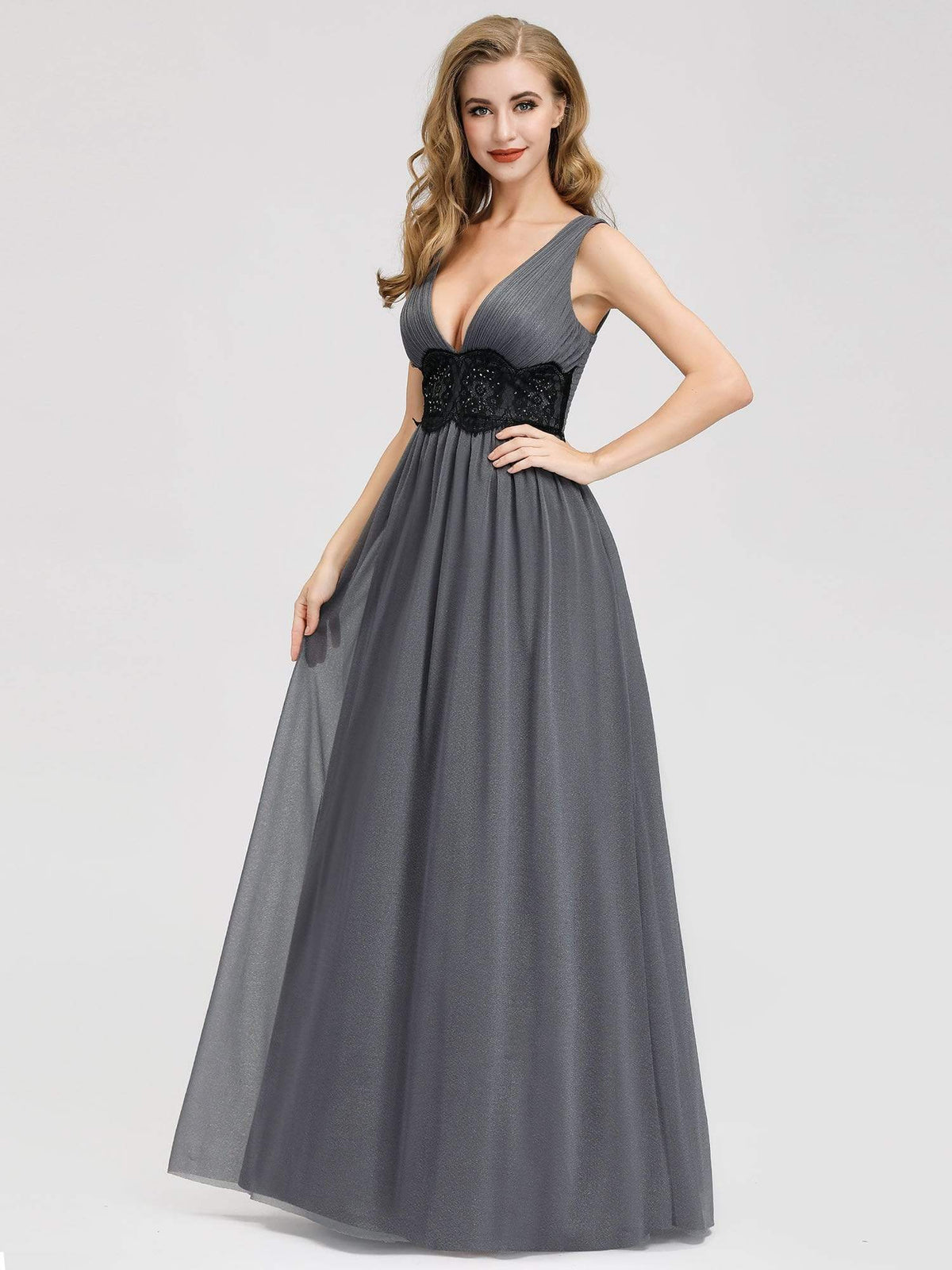 Color=Grey | Women'S Sexy Deep V-Neck Empire Maxi Dress-Grey 2