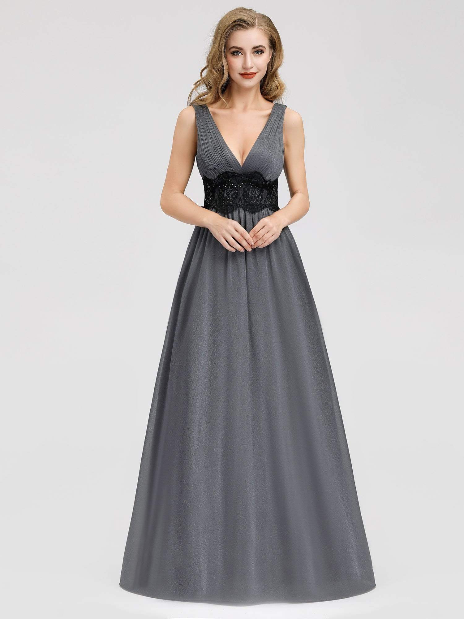 Color=Grey | Women'S Sexy Deep V-Neck Empire Maxi Dress-Grey 3