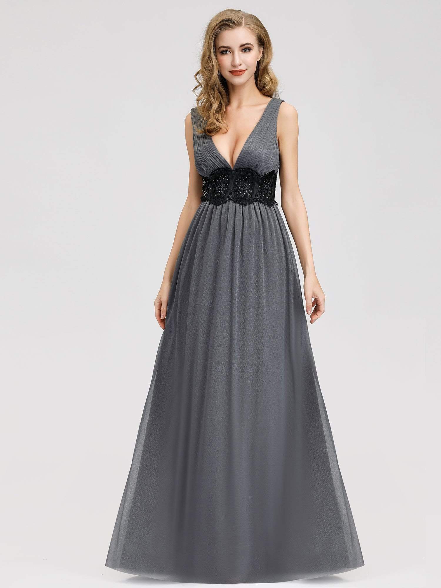 Color=Grey | Women'S Sexy Deep V-Neck Empire Maxi Dress-Grey 1