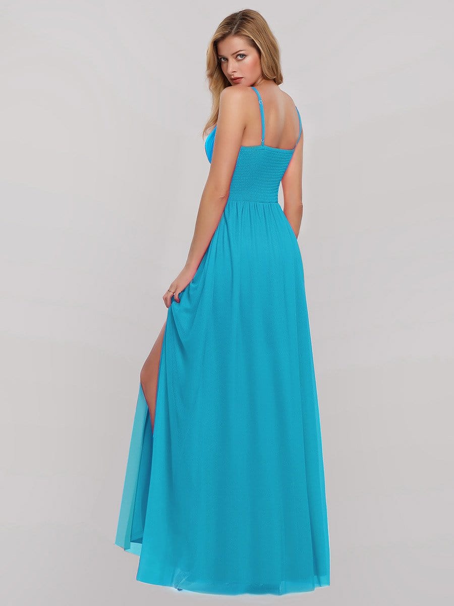 Color=Sky Blue | Women'S V-Neck Spaghetti Straps Evening Party Maxi Dress-Sky Blue 2