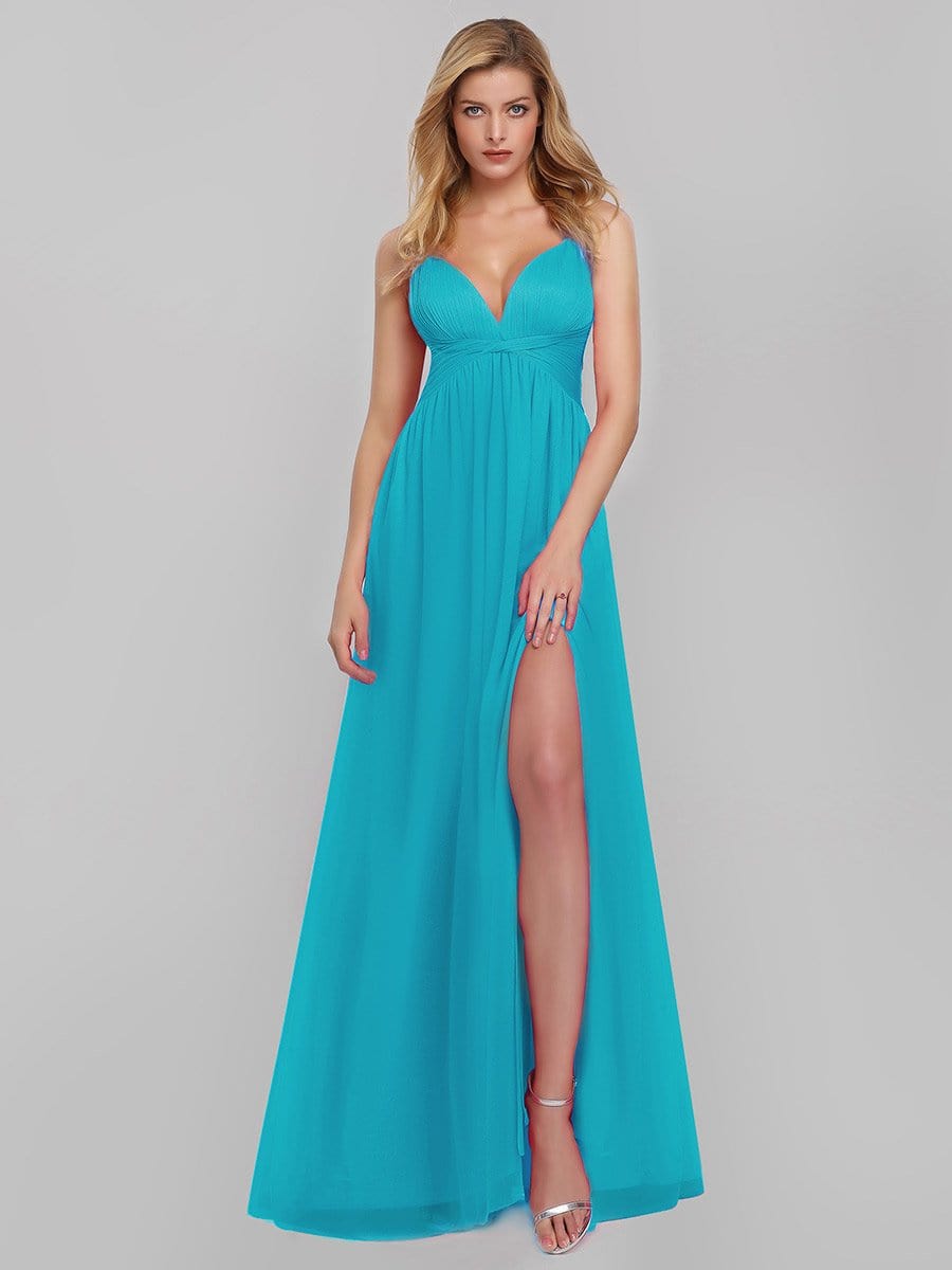 Color=Sky Blue | Women'S V-Neck Spaghetti Straps Evening Party Maxi Dress-Sky Blue 4