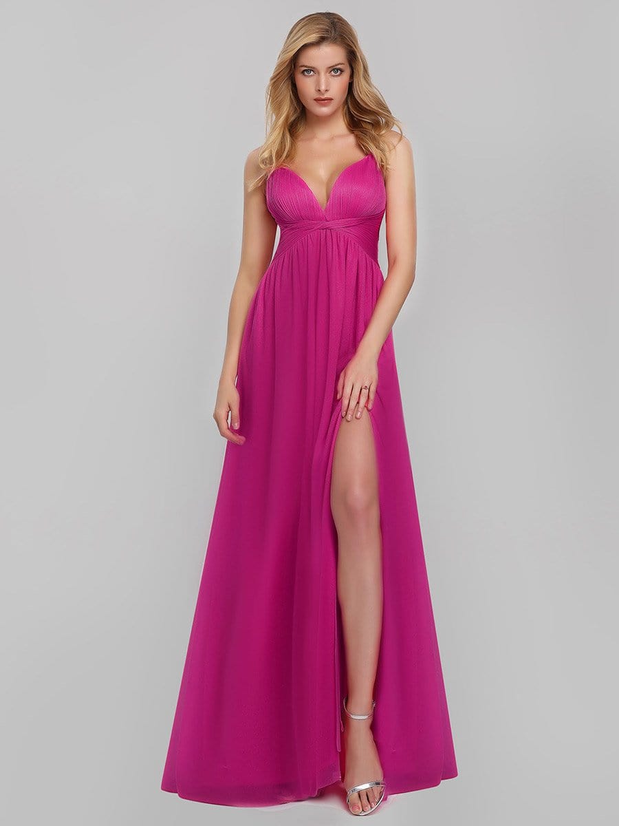 Color=Hot Pink | Women'S V-Neck Spaghetti Straps Evening Party Maxi Dress-Hot Pink 4