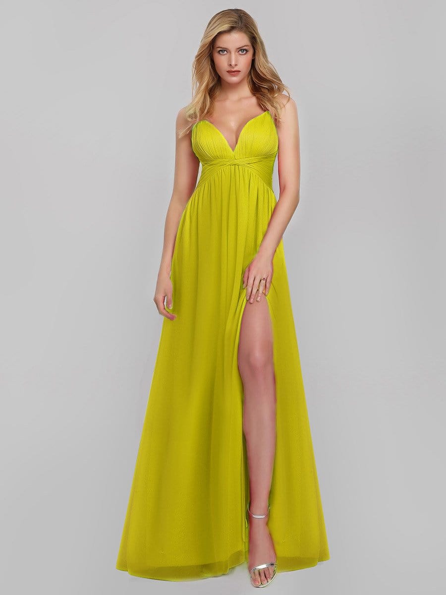 Color=Yellow | Women'S V-Neck Spaghetti Straps Evening Party Maxi Dress-Yellow 4
