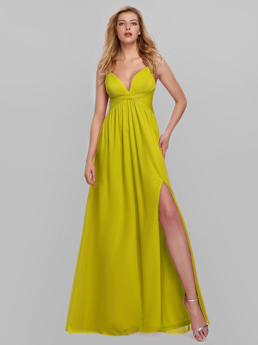 Color=Yellow | Women'S V-Neck Spaghetti Straps Evening Party Maxi Dress-Yellow 1