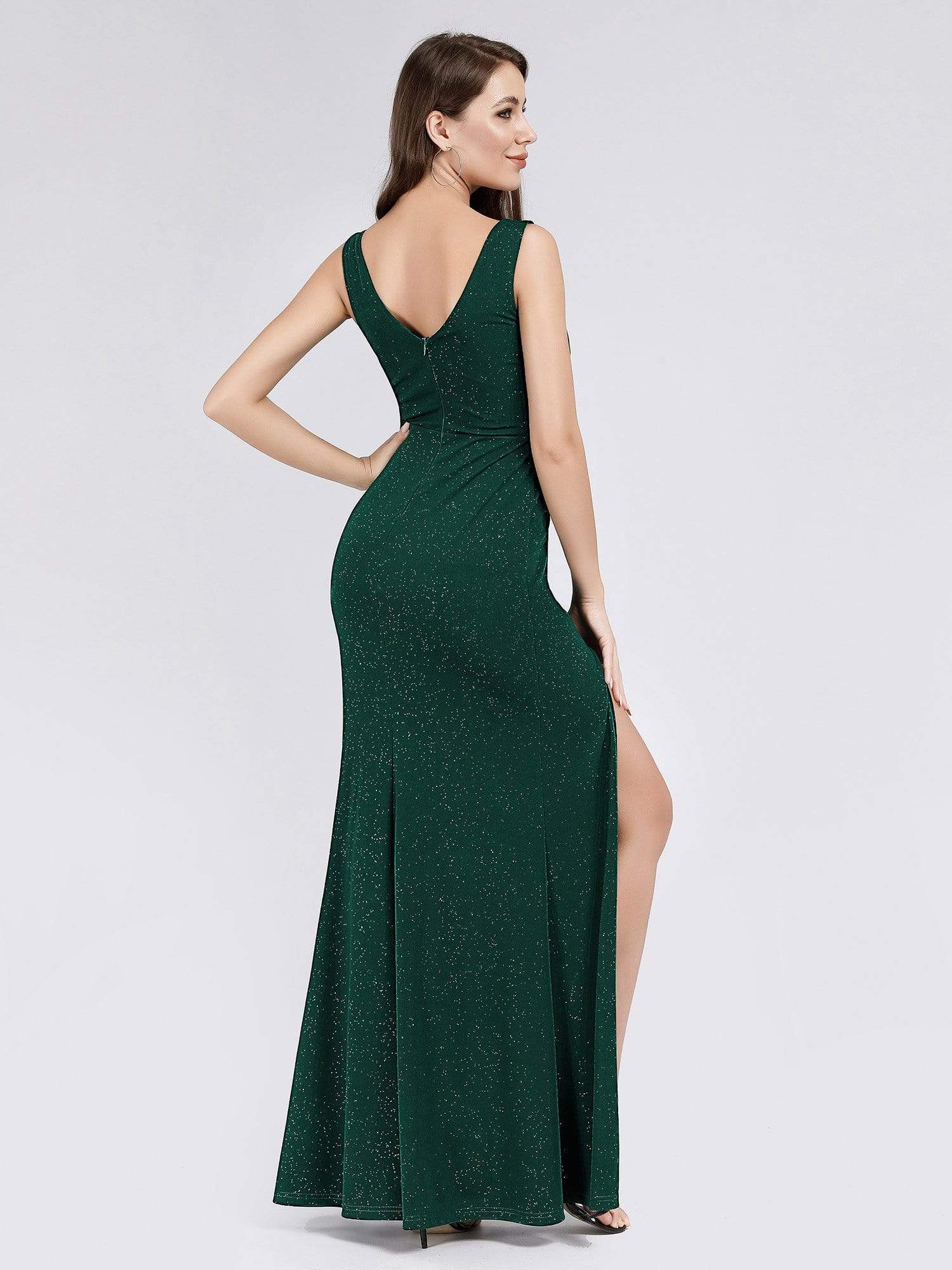 Color=Dark Green | Women'S Double V-Neck Glitter Wrap High Split Evening Dress-Dark Green 3