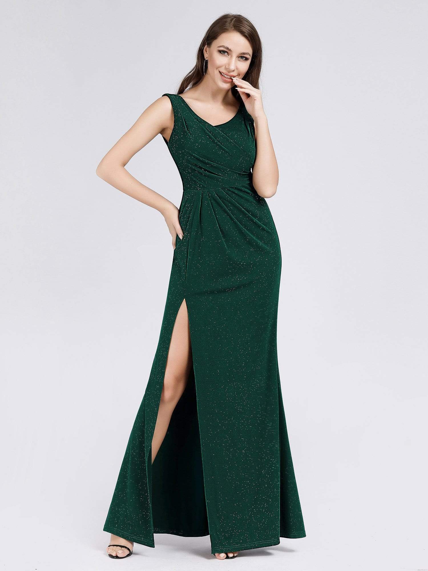 Color=Dark Green | Women'S Double V-Neck Glitter Wrap High Split Evening Dress-Dark Green 5