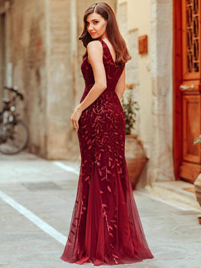 Color=Burgundy | Women'S Double V-Neck Fishtail Seuqin Evening Maxi Dress-Burgundy 2