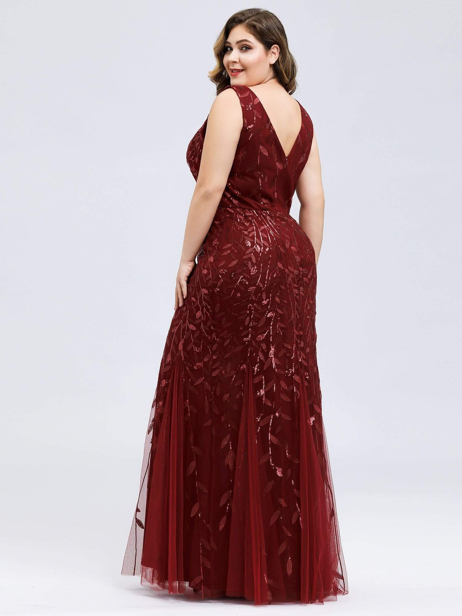 Color=Burgundy | Women'S Double V-Neck Plus Size Fishtail Seuqin Evening Maxi Dress-Burgundy 2