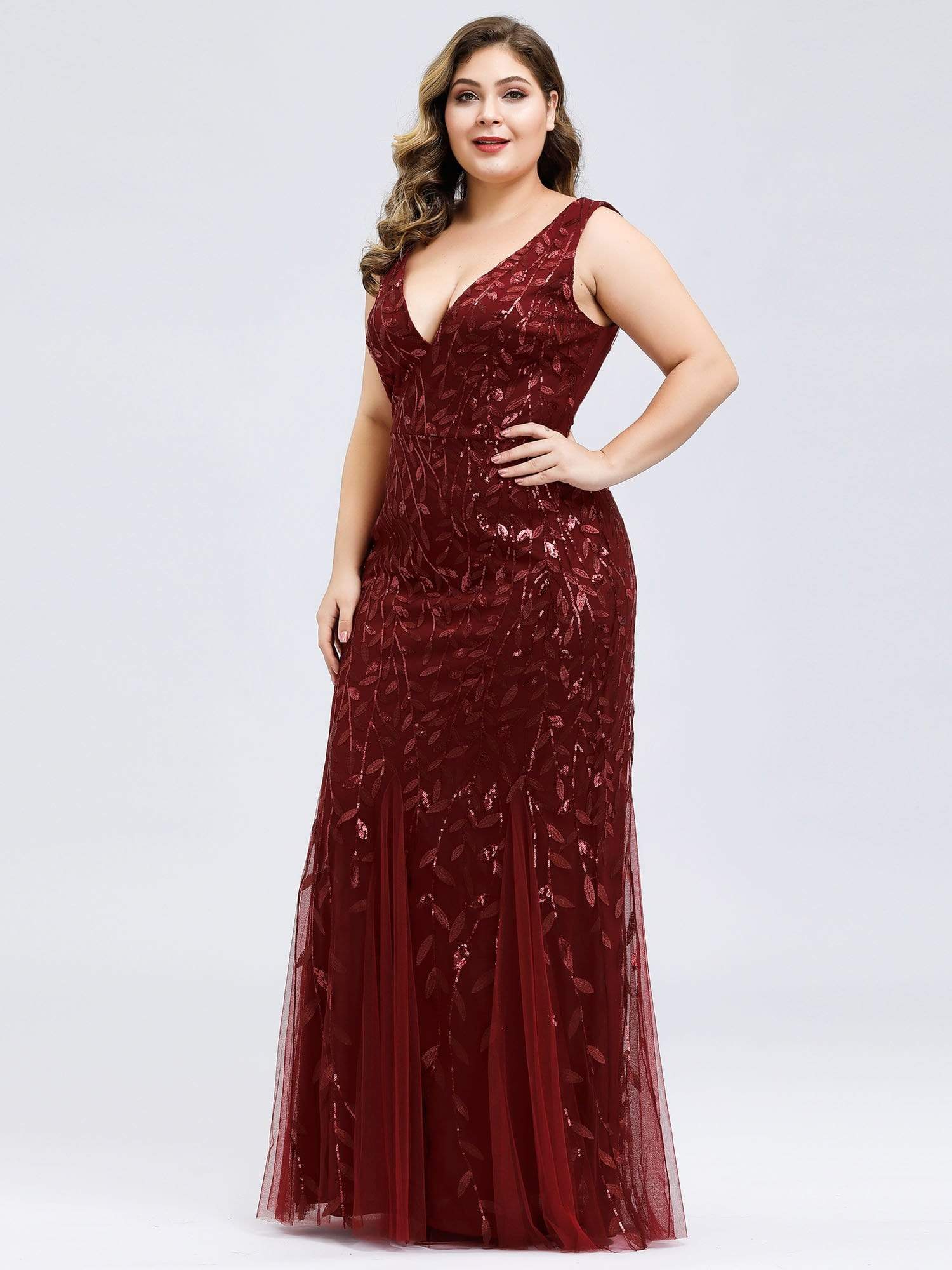 Color=Burgundy | Women'S Double V-Neck Plus Size Fishtail Seuqin Evening Maxi Dress-Burgundy 3