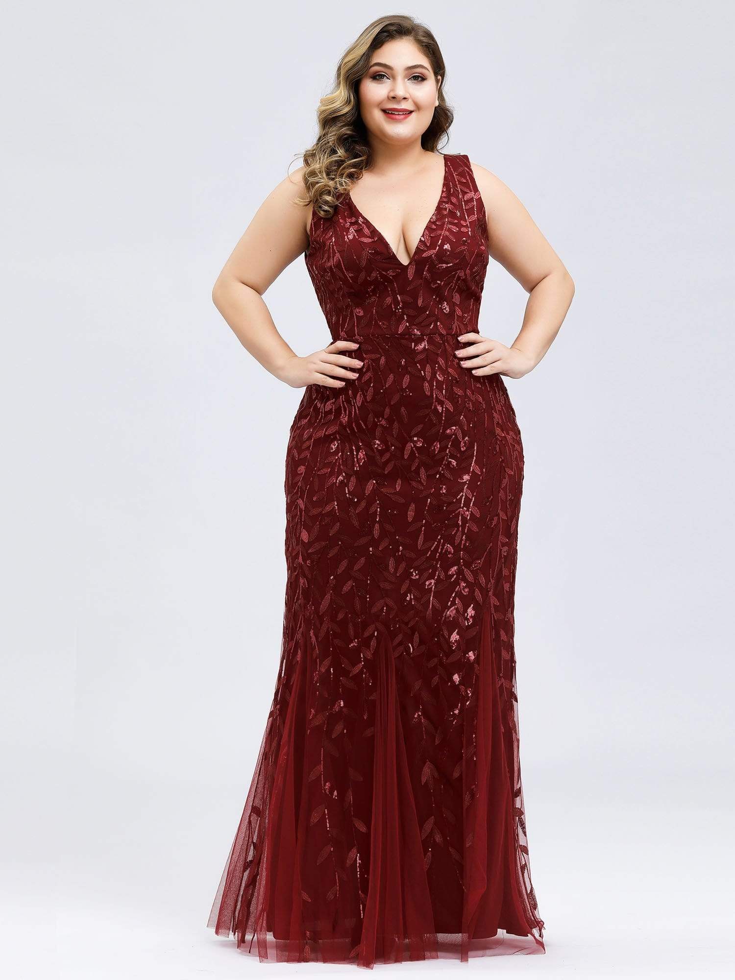 Color=Burgundy | Women'S Double V-Neck Plus Size Fishtail Seuqin Evening Maxi Dress-Burgundy 4