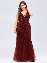 Color=Burgundy | Women'S Double V-Neck Plus Size Fishtail Seuqin Evening Maxi Dress-Burgundy 1