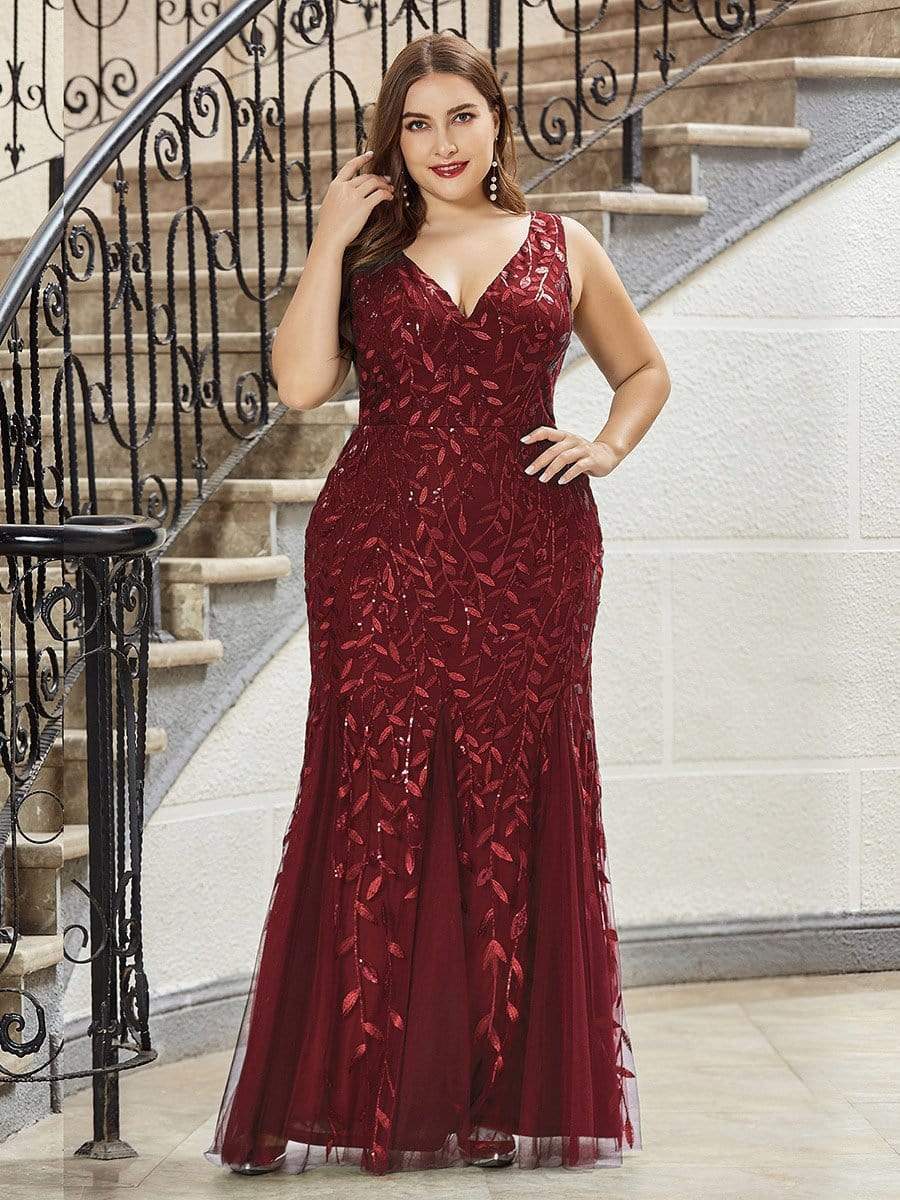 Color=Burgundy | Women'S Double V-Neck Fishtail Seuqin Evening Maxi Dress-Burgundy 6