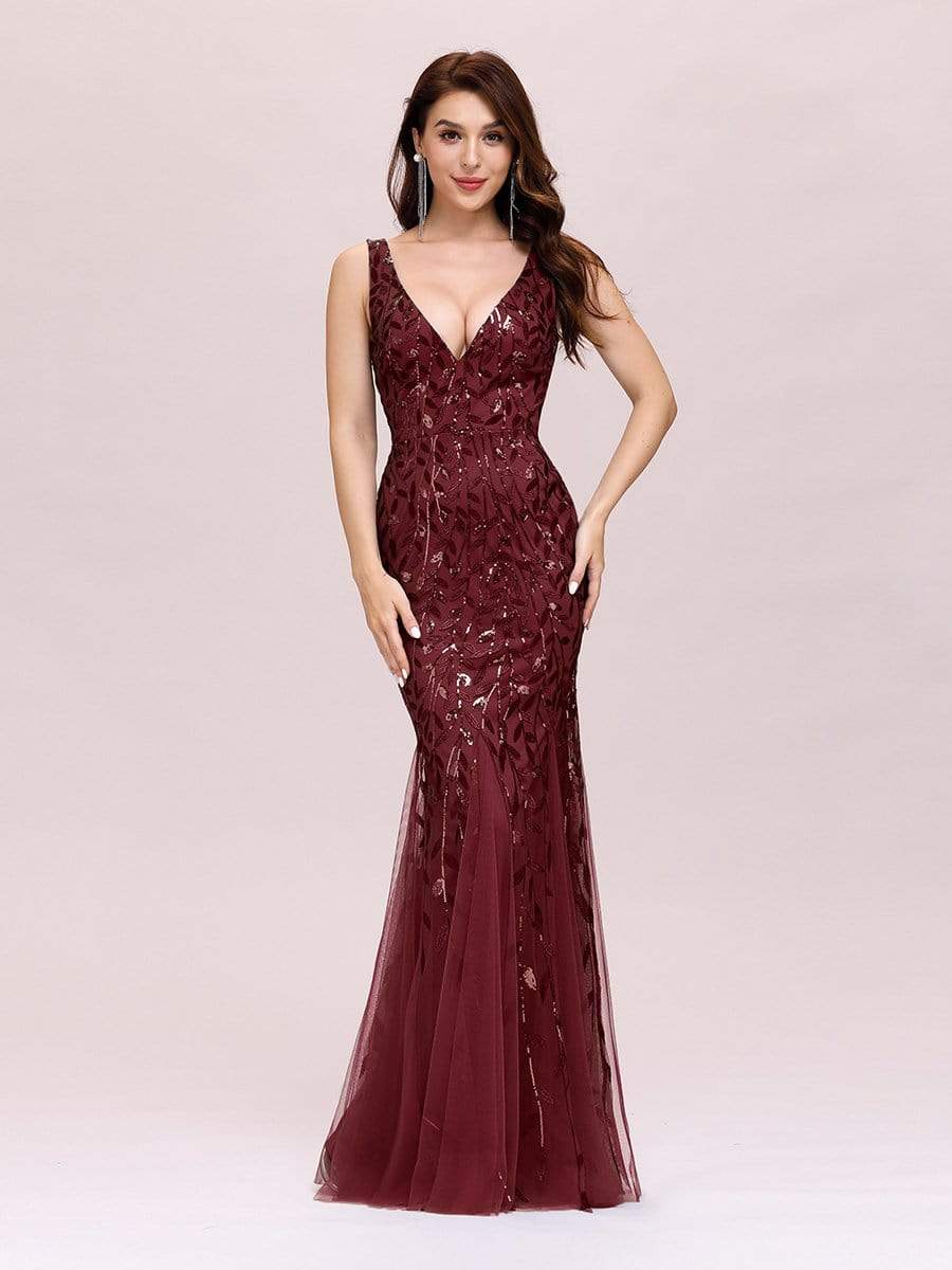 Color=Burgundy | Women'S Double V-Neck Fishtail Seuqin Evening Maxi Dress-Burgundy 3