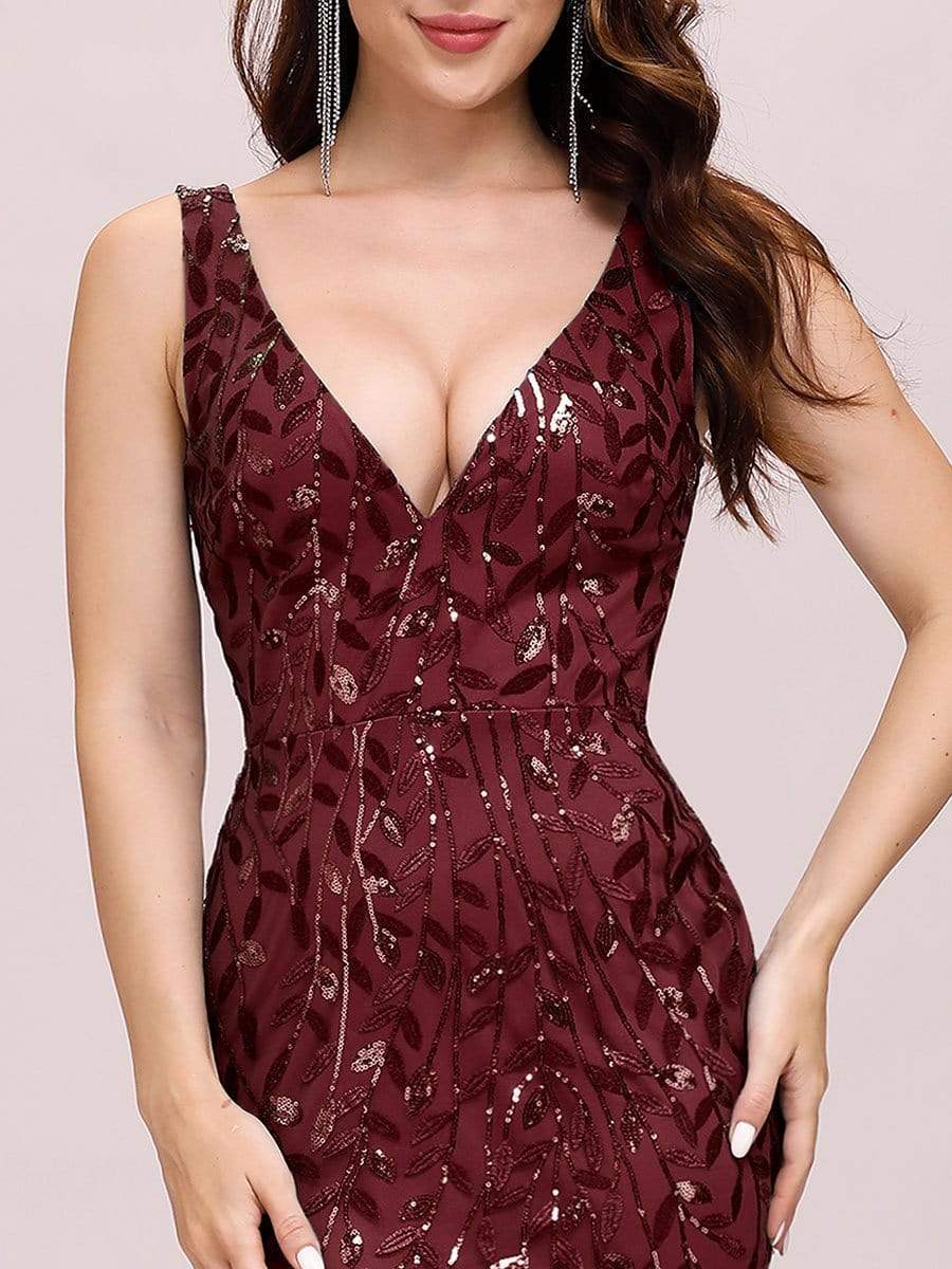 Color=Burgundy | Women'S Double V-Neck Fishtail Seuqin Evening Maxi Dress-Burgundy 5