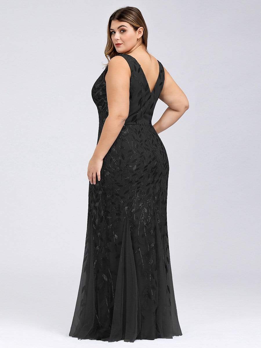 Color=Black | Women'S Double V-Neck Plus Size Fishtail Seuqin Evening Maxi Dress-Black 2