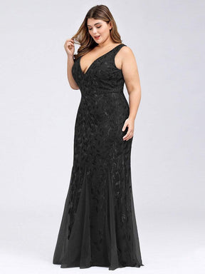 Color=Black | Women'S Double V-Neck Plus Size Fishtail Seuqin Evening Maxi Dress-Black 3