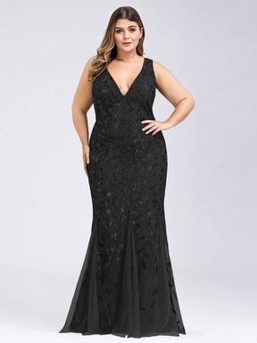 Color=Black | Women'S Double V-Neck Plus Size Fishtail Seuqin Evening Maxi Dress-Black 4
