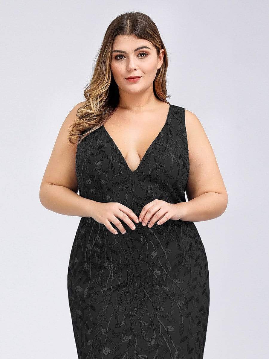 Color=Black | Women'S Double V-Neck Plus Size Fishtail Seuqin Evening Maxi Dress-Black 5