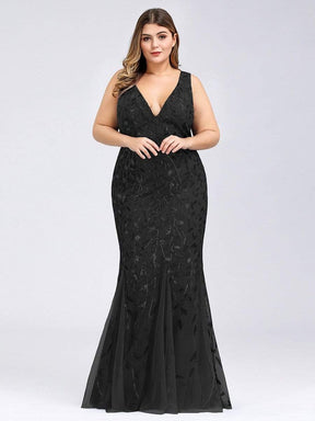 Color=Black | Women'S Double V-Neck Plus Size Fishtail Seuqin Evening Maxi Dress-Black 1