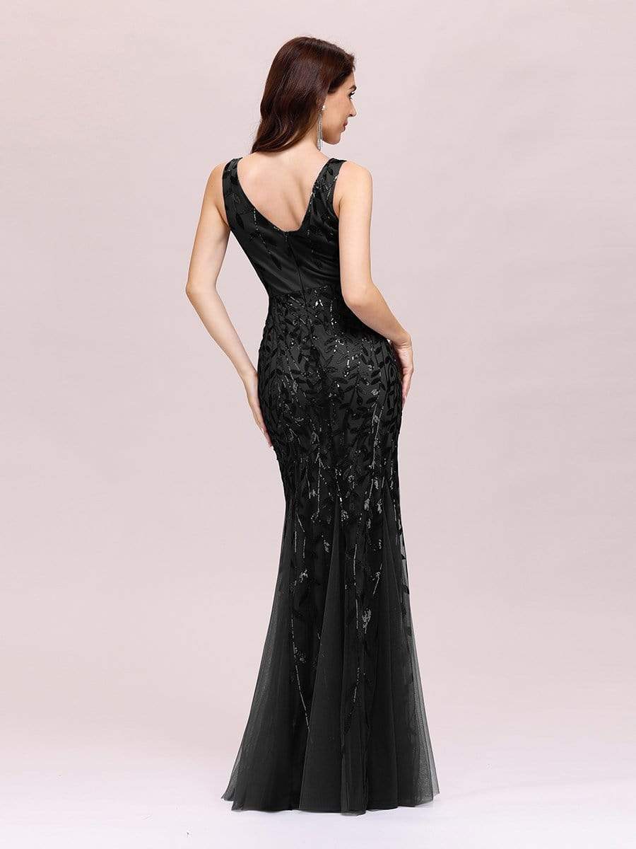 Color=Black | Women'S Double V-Neck Fishtail Seuqin Evening Maxi Dress-Black 2