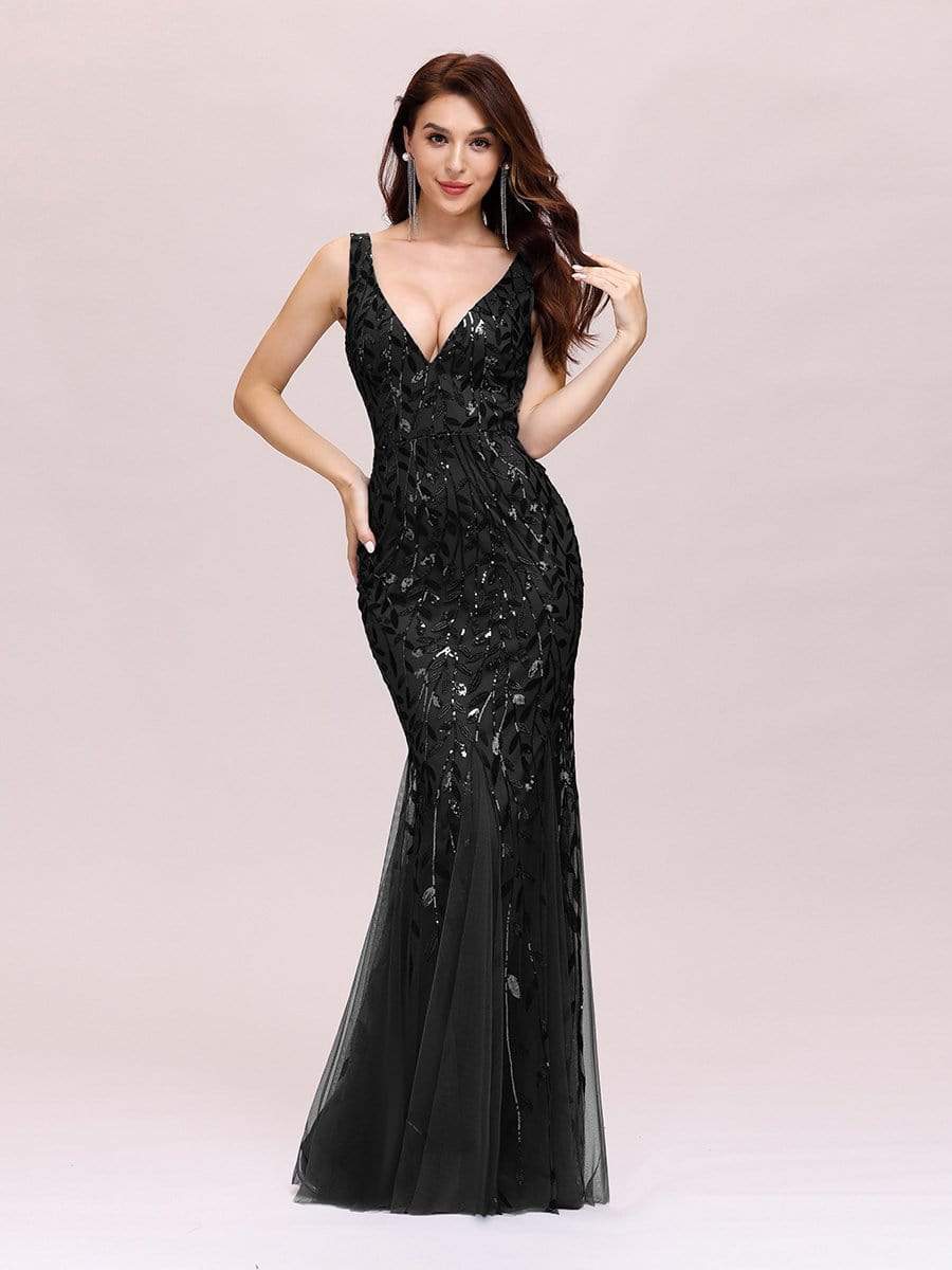 Color=Black | Women'S Double V-Neck Fishtail Seuqin Evening Maxi Dress-Black 1