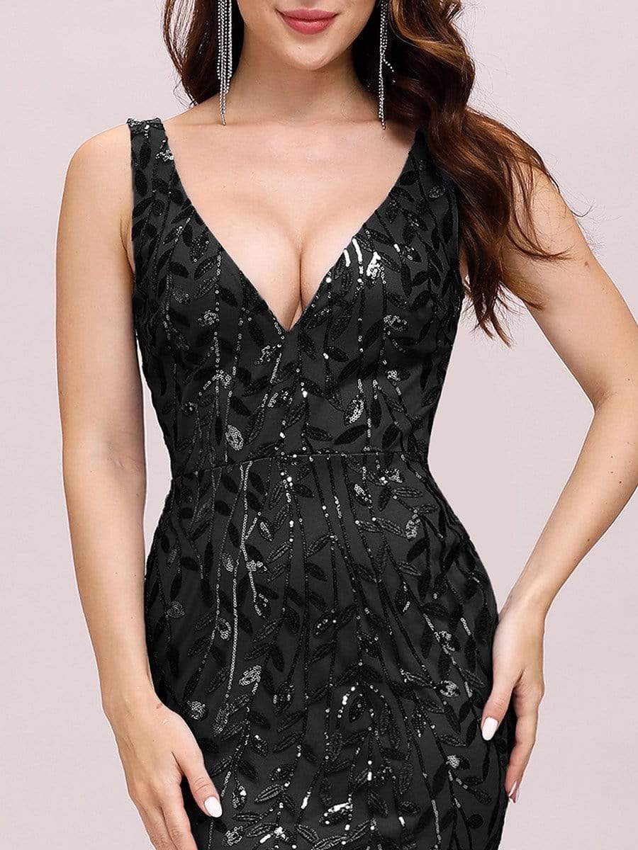 Color=Black | Women'S Double V-Neck Fishtail Seuqin Evening Maxi Dress-Black 3