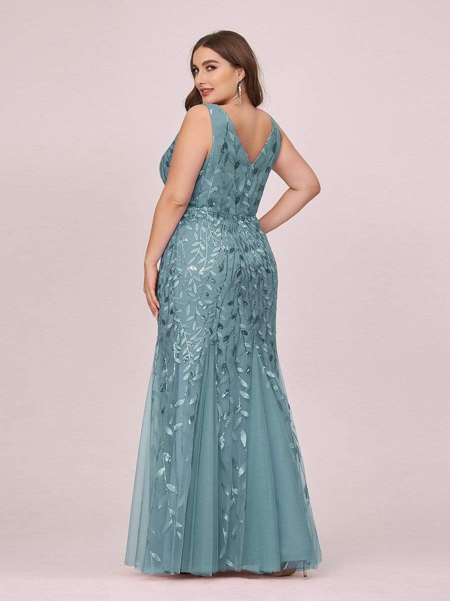 Color=Dusty Blue | Women'S Double V-Neck Fishtail Seuqin Evening Maxi Dress-Dusty Blue 5