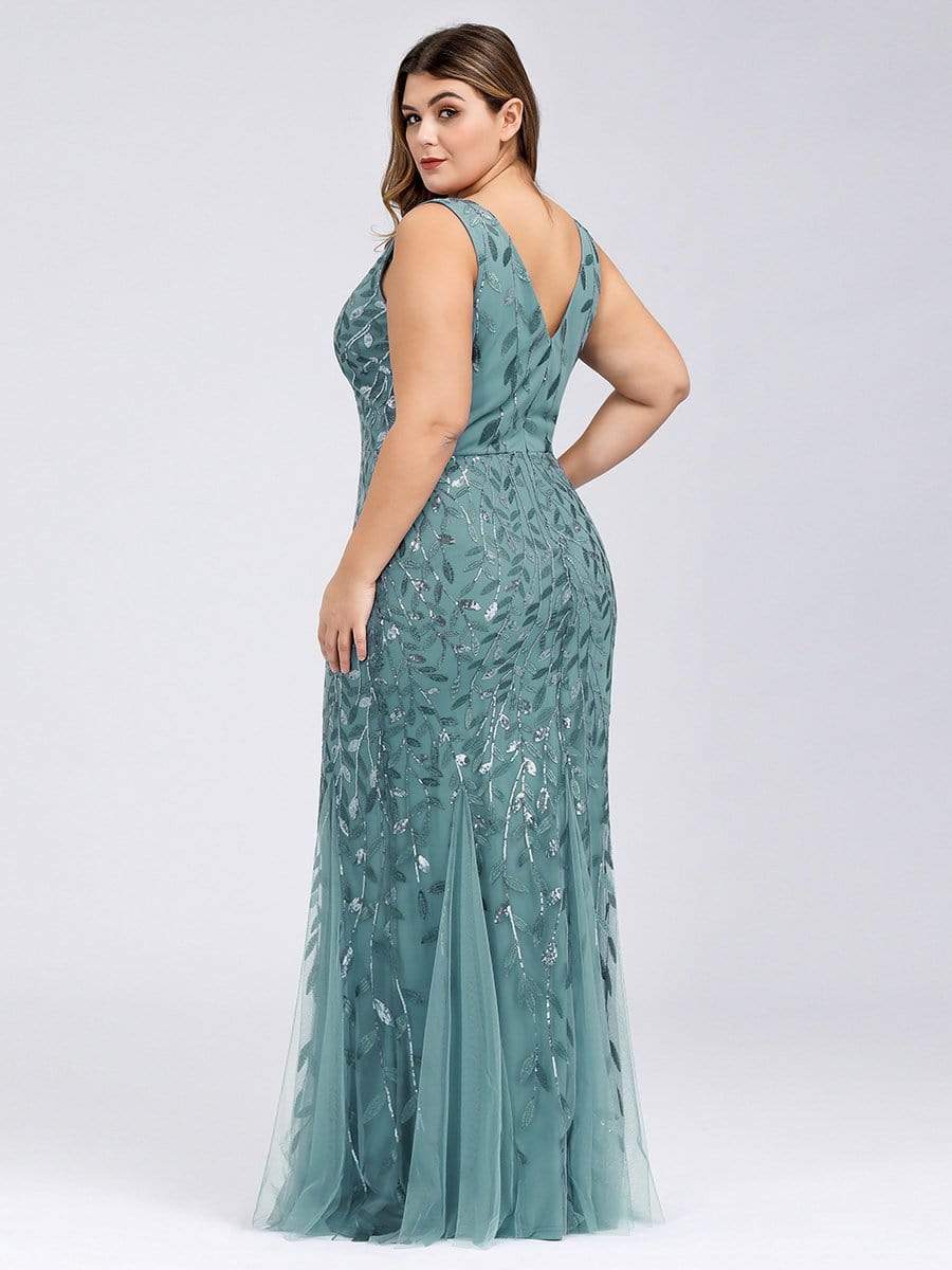 Color=Dusty Blue | Women'S Double V-Neck Plus Size Fishtail Seuqin Evening Maxi Dress-Dusty Blue 2