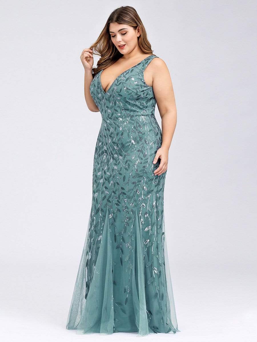 Color=Dusty Blue | Women'S Double V-Neck Plus Size Fishtail Seuqin Evening Maxi Dress-Dusty Blue 3